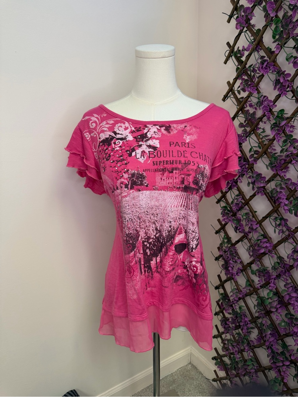 Y2K Style & Co. Pink Paris Graphic Ruffle Sleeve Tunic